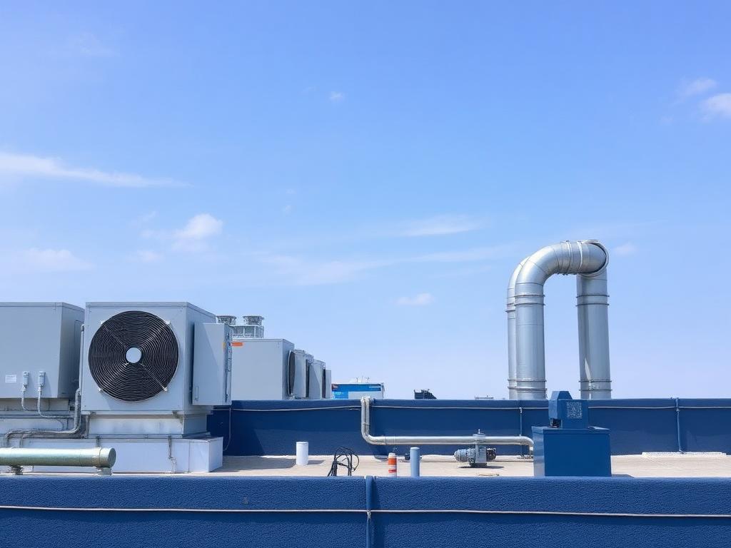 Unidades de aire acondicionado comercial en azotea industrial.