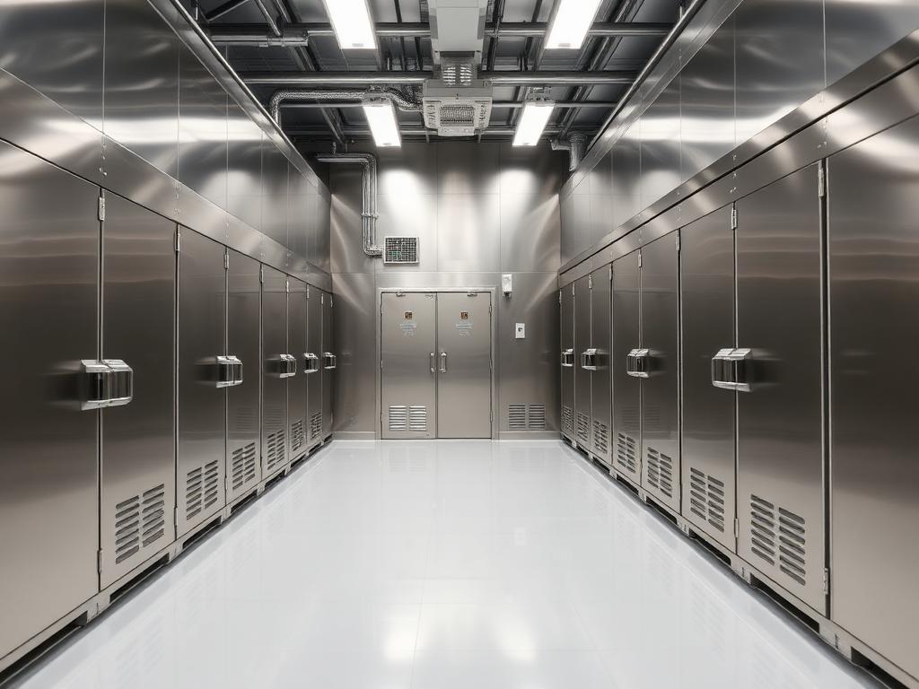 Cámara de refrigeración industrial con equipos de enfriamiento.