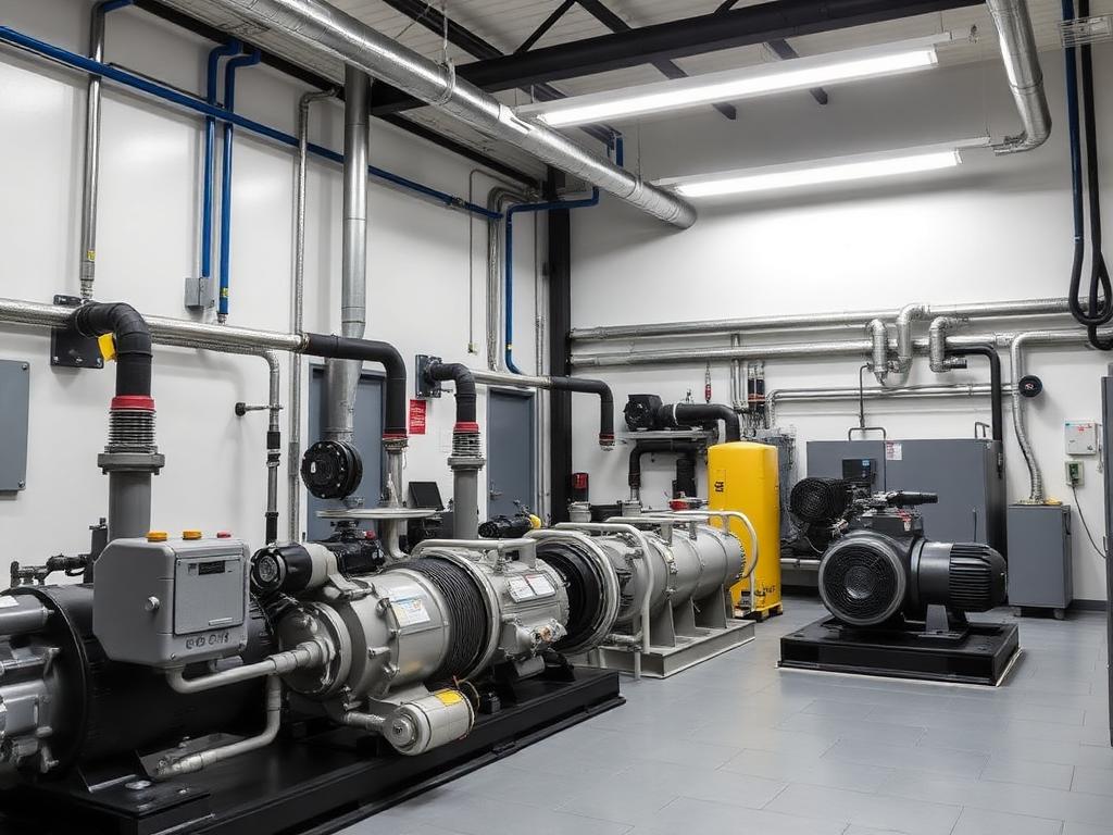 Sala de máquinas con equipos de compresión y mantenimiento industrial.